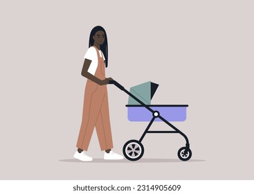 A young African parent walking with a stroller, outdoor activities
