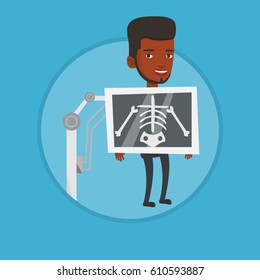 Young african patient during chest x ray procedure. Man with x ray screen showing his skeleton. Patient visiting roentgenologist. Vector flat design illustration in the circle isolated on background.