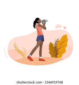 Young African sporty woman drinking water after jogging and exercise at park. Cartoon flat vector illustration.  Healthy lifestyle concept.