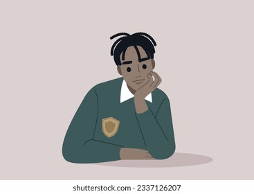 A young African student propping up their face with hand, attentive listener