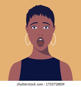 Young african surprised woman with short hair and earrings. Portrait of amazed african woman. Avatar of scared girl. Abstract female portrait, full face. Stock vector illustration in flat style.