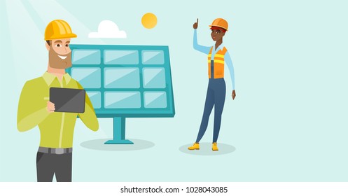 Young african technician pointing finger up and caucasian white engineer in hard hat working on digital tablet at solar power plant. Workers checking solar panel setup. Vector cartoon illustration. - Powered by Shutterstock - Get 15% off with code: PIKWIZARD15