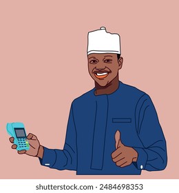 A young African wearing a deep blue native attire holding a POS Machine doing a thumb up and smiling