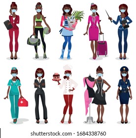 Young african woman in blue medical face mask. Set of different professions: doctor, teacher, fashion designer, florist, police officer, businesswoman, chef, stewardess, fitness trainer, secretary. 