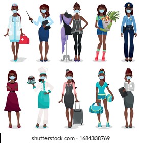 Young african woman in blue medical face mask. Set of different professions: doctor, teacher, fashion designer, florist, police officer, businesswoman, chef, stewardess, fitness trainer, secretary. 