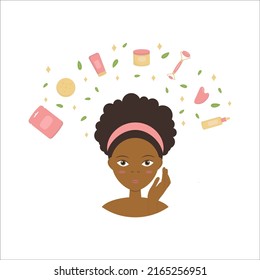 Young african woman with bottle of face oil, facial gua sha stone, massage roller, cream, mask. Facial yoga.  Skincare routine. Vector flat illustration.