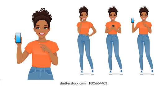 Young african woman in casual style clothes with mobile phone isolated vector illustration