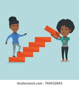 Young african woman climbing up the career ladder while another woman builds this ladder. Concept of business career, promotion, partnership, teamwork. Vector cartoon illustration. Square layout.