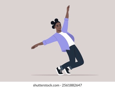 A young African woman is dancing energetically, her body positioned in a graceful lean, She wears casual clothes and sports shoes, radiating happiness and enthusiasm