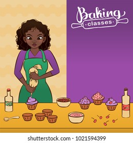 Young african woman decorating a cupcake. Flyer for baking classes. Hand drawn vector graphics illustration. 
Fully editable vector shapes.