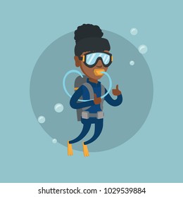 Young African Woman In Diving Suit Swimming Underwater With Scuba And Showing Thumb Up. Full Length Of Scuba Diver Enjoying The Dive And Giving Thumb Up. Vector Cartoon Illustration. Square Layout.