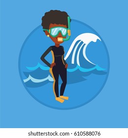 Young african woman in diving suit standing on the background of a big wave. Diver enjoying snorkeling. Diver ready for snorkeling. Vector flat design illustration in the circle isolated on background