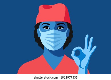 Young African woman as doctor or nurse. Female character in medical uniform, face mask and gloves showing ok sign. Coronavirus pandemic concept. Vector illustration