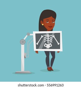 Young african woman during chest x ray procedure. Smiling woman with x ray screen showing her skeleton. Happy female patient visiting roentgenologist. Vector flat design illustration. Square layout.