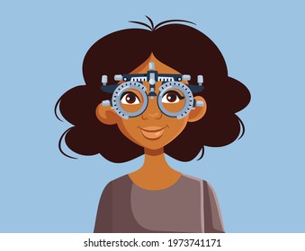 Young African Woman at Eye Check Consultation. Patient with checking eyesight during a consult in an ophthalmology clinic
