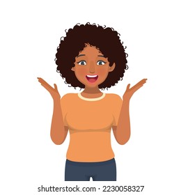 Young African woman feeling excited screaming in surprise with opened mouth and palms showing positive expression 