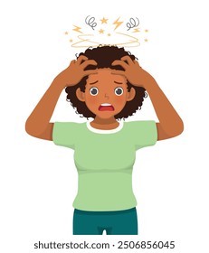 young African woman feeling stressed frustrated squeezing her head with hands suffer from headache, migraine, tension, and emotional problems because of overworked