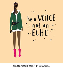 Young African woman or girl dressed and standing in trendy, fashionable clothes Girl power or grl pwr concept with lettering. Female cartoon character. Flat colored vector. All elements are isolated