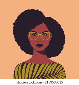 Young african woman with glasses. Portrait of beautiful african woman. Abstract female portrait, full face. Stock vector illustration in flat style.