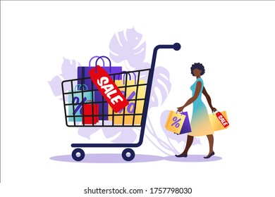 Young african woman goes with paper bags and big cart. Concept of online and offline shopping, sale, discount. Vector illustration for web banner, infographics, mobile. Illustration in flat style. 