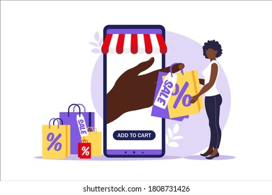 Young african woman goes with paper bags. Concept of online and offline shopping, sale, discount. Vector illustration for web banner, infographics, mobile. Illustration in flat style.