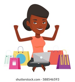 Young african woman with hands up using laptop for shopping online. Woman sitting with shopping bags around her and doing online shopping. Vector flat design illustration isolated on white background.