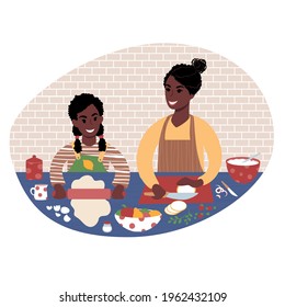 Young african woman and her daughter preparing food together. Teaching child to cook. Mother and daughter time. Flat style illustration. 