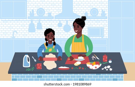 Young african woman and her daughter preparing food together. Teaching child to cook. Mother and daughter time in the kitchen. Flat style vector illustration.