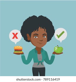 Young african woman holding apple and hamburger. Woman choosing between apple and hamburger. Concept of choice between healthy and unhealthy nutrition. Vector cartoon illustration. Square layout.