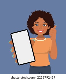 Young African woman holding smart phone with blank screen showing thumb up 