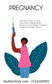 A young african woman holds a positive pregnancy test with two strips in her hand. Vector illustration hand drawn