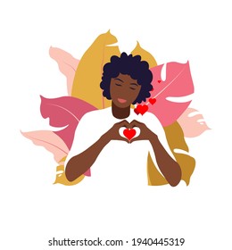 Young african woman hugs a big heart with love and care. Self care and body positive concept. Feminism, fight for your rights, girl power concept. Flat.