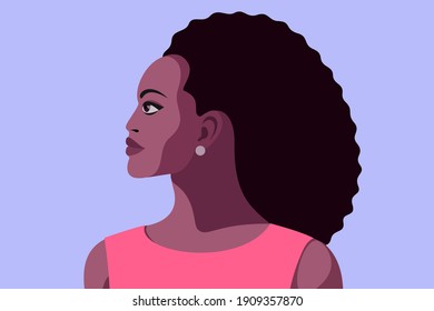 Young African woman with long curly hair, wearing summer dress and earrings. Abstract female portrait, side view. Vector illustration