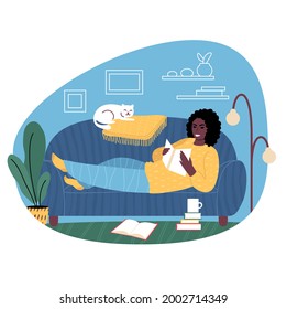 Young african woman lying on a sofa reading a book. Cozy domestic scene in a living room. Flat style vector illustration