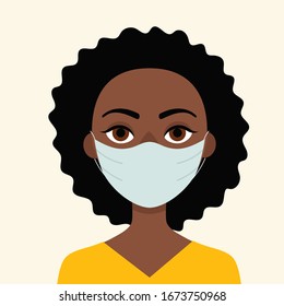 Young African woman in medical mask. Concept of protection against viruses, flu, coronavirus. Prevention of an epidemic. Flat vector illustration.