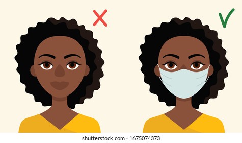 Young African woman in medical mask. Concept of protection against viruses, flu, coronavirus. Prevention of an epidemic. Flat vector illustration.