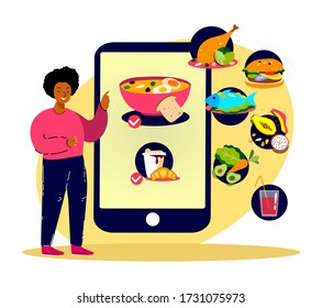 Young African Woman Ordering Food Dish Online.Smartphone Application Restaurant Menu.Dinner Catering Service. Lunch Meal. Home,Receive Delivery,Quarantine.Digital Technologies.Flat Vector Illustration