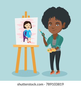 Young african woman painting a female portrait on canvas. Artist painting on an easel with a brush and watercolor paints. Artist working on a picture. Vector cartoon illustration. Square layout.