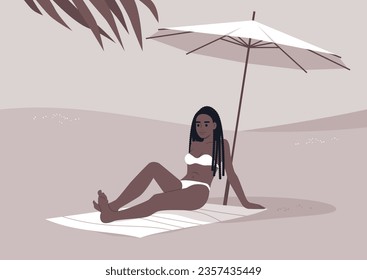 A young African woman relaxes on the sandy shore beneath a white beach umbrella, enjoying her summer getaway amidst the sweltering tropical heat