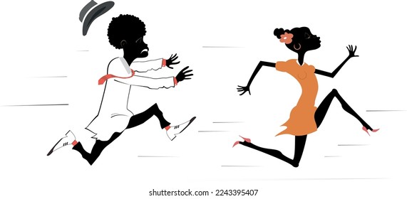 Young African woman runs away from the African man. 
Upset African man trying to catch up a runaway African woman. Isolated on white
