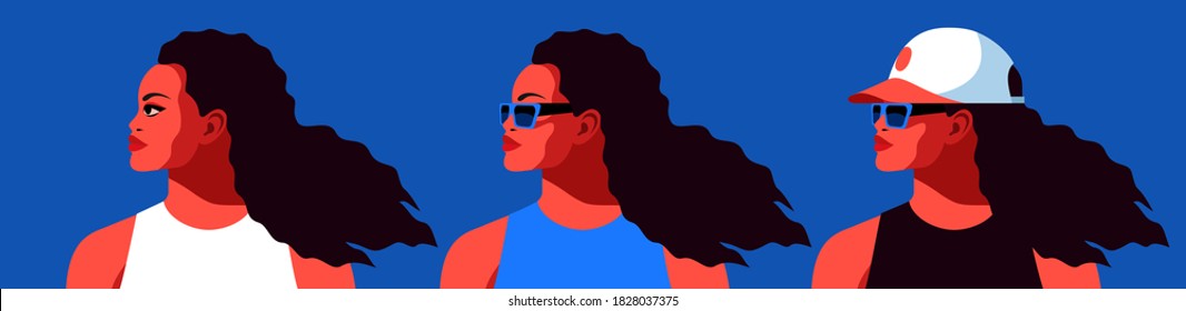 Young African woman. Set of female portraits, side view. Long black curly hair, sleeveless shirt, sunglasses, baseball cap. Vector illustration