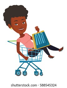 Young african woman with a lot of shopping bags sitting in shopping trolley. Carefree customer having fun while riding by shopping trolley. Vector flat design illustration isolated on white background