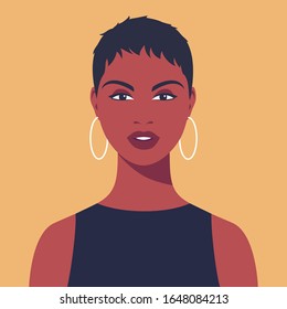 Young African Woman With Short Hair And Earrings. Portrait Of Beautiful African Woman. Avatar Girls For Social Networks. Abstract Female Portrait, Full Face. Stock Vector Illustration In Flat Style.