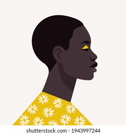 Young african woman with short hair and earrings. Portrait of beautiful african woman. Abstract female portrait, full face. Stock vector illustration in flat style.