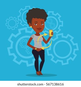 Young african woman showing her smartphone and smart watch on the background of cogwheels. Concept of synchronization between smart watch and smartphone. Vector flat design illustration. Square layout