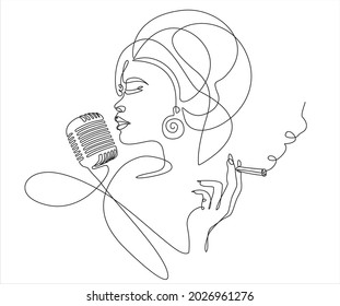 Young African woman singing in a retro microphone and smoking. Continuous one line drawing. Vector illustration.