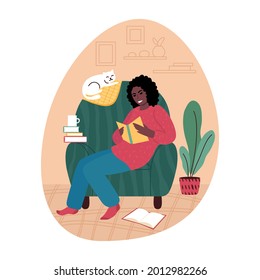 Young african woman sitting in an armchair reading a book. Cozy domestic scene in a living room. Flat style vector illustration