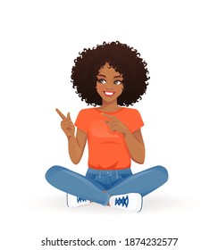 Young african woman sitting with crossed legs and pointing away isolated vector illustration