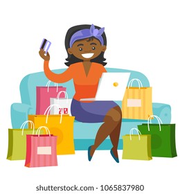 Young african woman sitting on the couch among shopping bags with laptop computer and credit card. Woman buying things online. Vector cartoon illustration isolated on white background. Square layout.