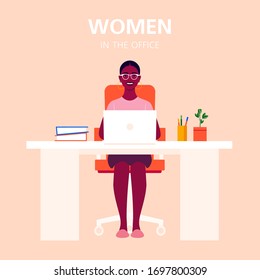 Young African woman sitting at a table with laptop. Online education. Coronavirus. Work at home. Social distance. Vector flat illustration